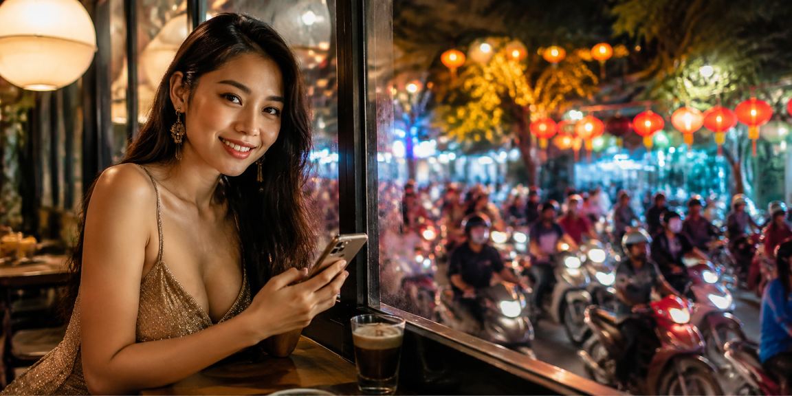 Người dùng tại quán cà phê Hà Nội kiểm tra lịch sử rút tiền trên điện thoại Android