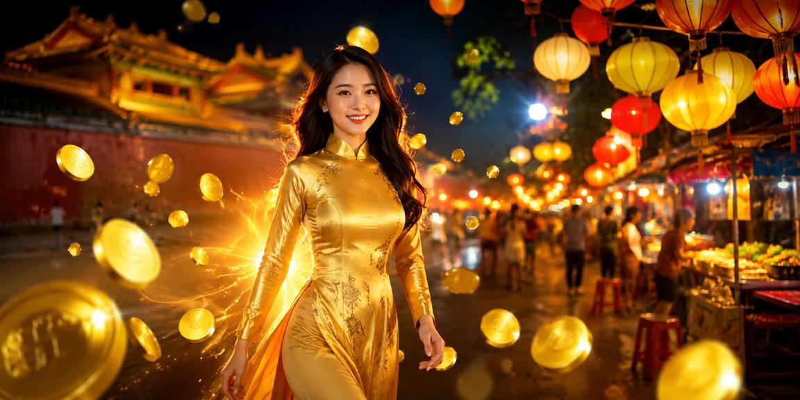 Thiếu nữ áo dài Huế tham khảo thông tin xổ số và khuyến mãi trên điện thoại bên ô cửa cổ kính